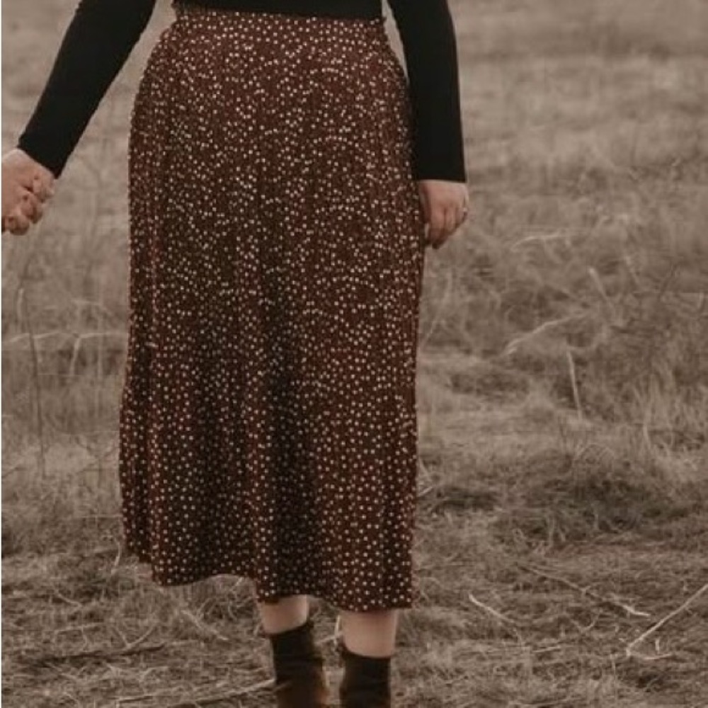 Amazon Brown Pleated Midi Skirt with White Dots